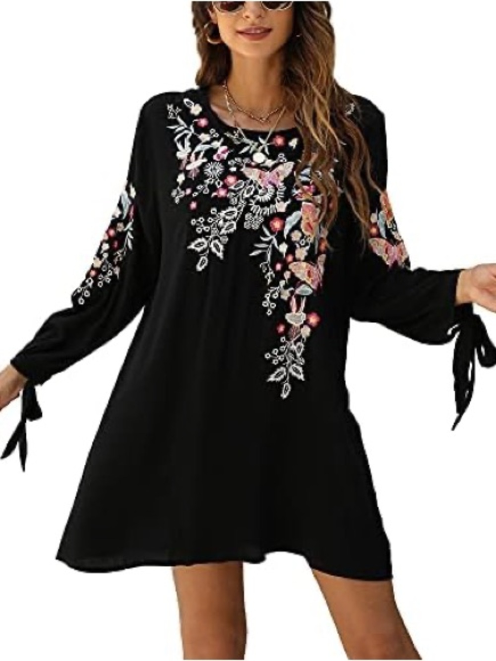 Black Embroidered Floral Tunic/dress with Butterfly Accent Boho Mini Long sleev